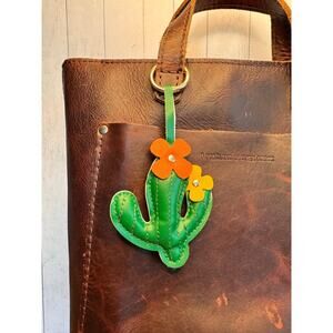 Vegan Leather Flower Cactus Keychain Purse Charm Boho Green Keychain Fast Ship